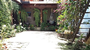 A courtyard with a stone pathway, potted plants, hanging plants, and a wooden pergola. - Hotel Dionisio Inn (Antigua Guatemala)
