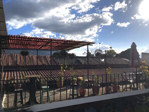A rooftop terrace with potted plants, a metal railing, and a clear view of the sky.
