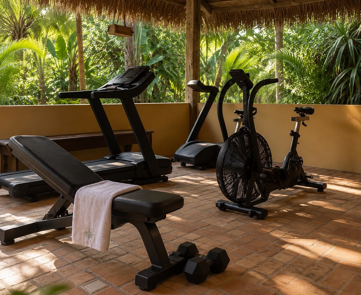 Un área de gimnasio al aire libre techada con equipo de ejercicios, incluyendo cintas de correr y elípticas, rodeada de abundante vegetación.