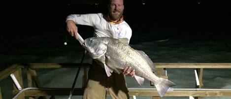 A person holding a large fish on a wooden dock at night.