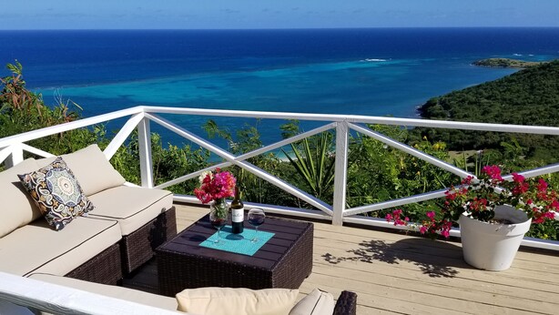 A balcony with a wicker sofa, a small table with a wine bottle and glass, and a potted plant with pink flowers. - East End Overlook, 3 Acre Ridgetop Estate with Dual Shore Views (Saint Croix)