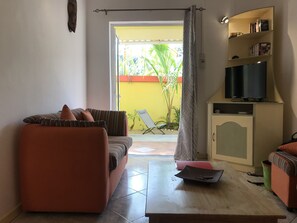 Televisie, een dvd-speler, boeken en een stereo