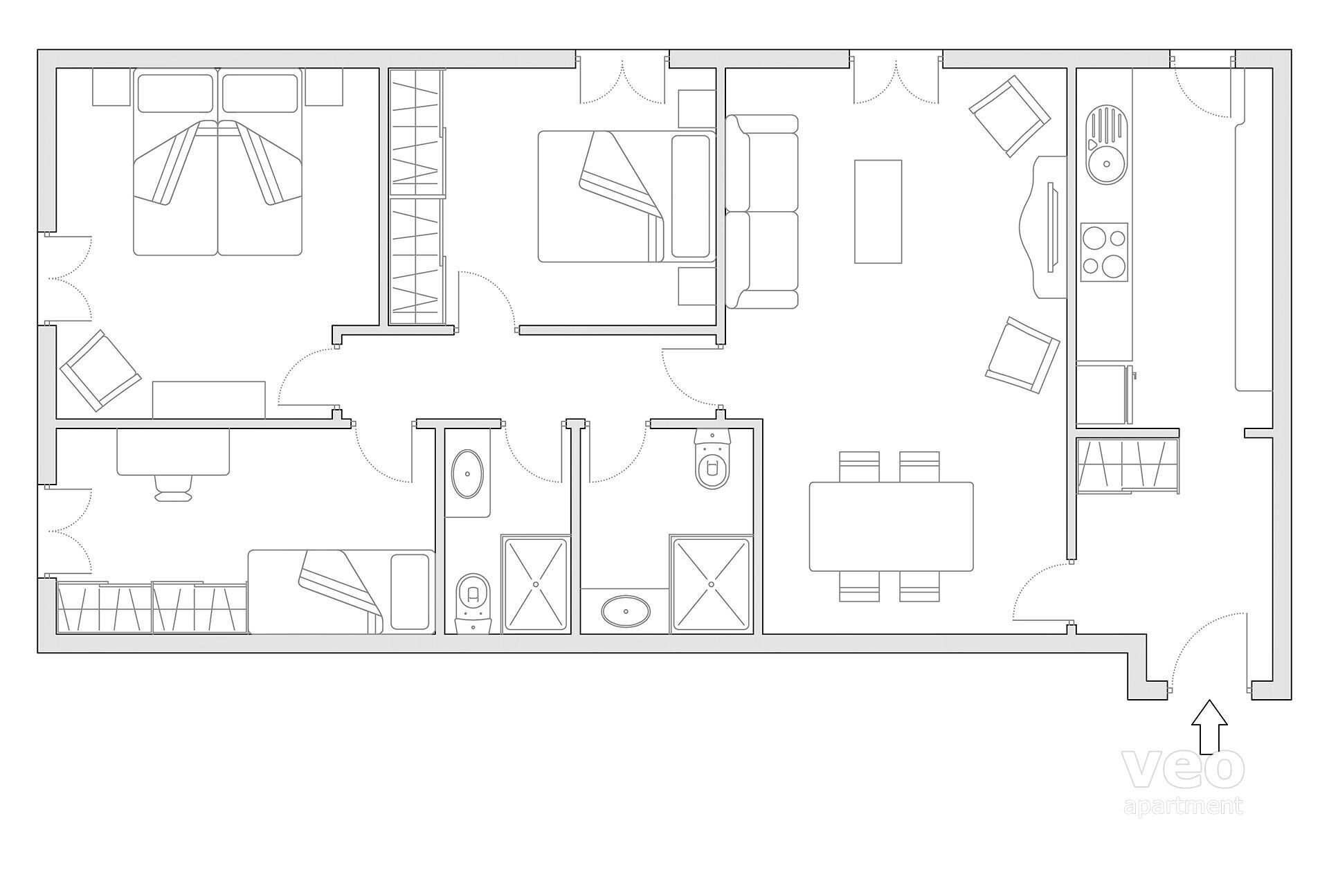 Un plan d’étage d’un hôtel comprenant une cuisine, un coin repas et plusieurs chambres.