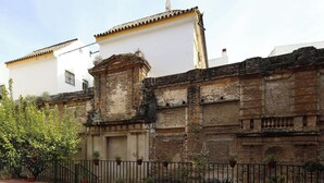 A historic building with a weathered facade, a gated entrance, and potted plants along the fence. - Arrayán. 3 bedrooms  in Macarena (Sevilla)