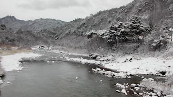 Une rivière qui traverse un paysage enneigé, caractérisé par un terrain rocheux et une végétation clairsemée.