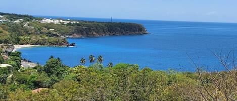 A coastal landscape with a clear view of the ocean, a sandy beach, and lush greenery.