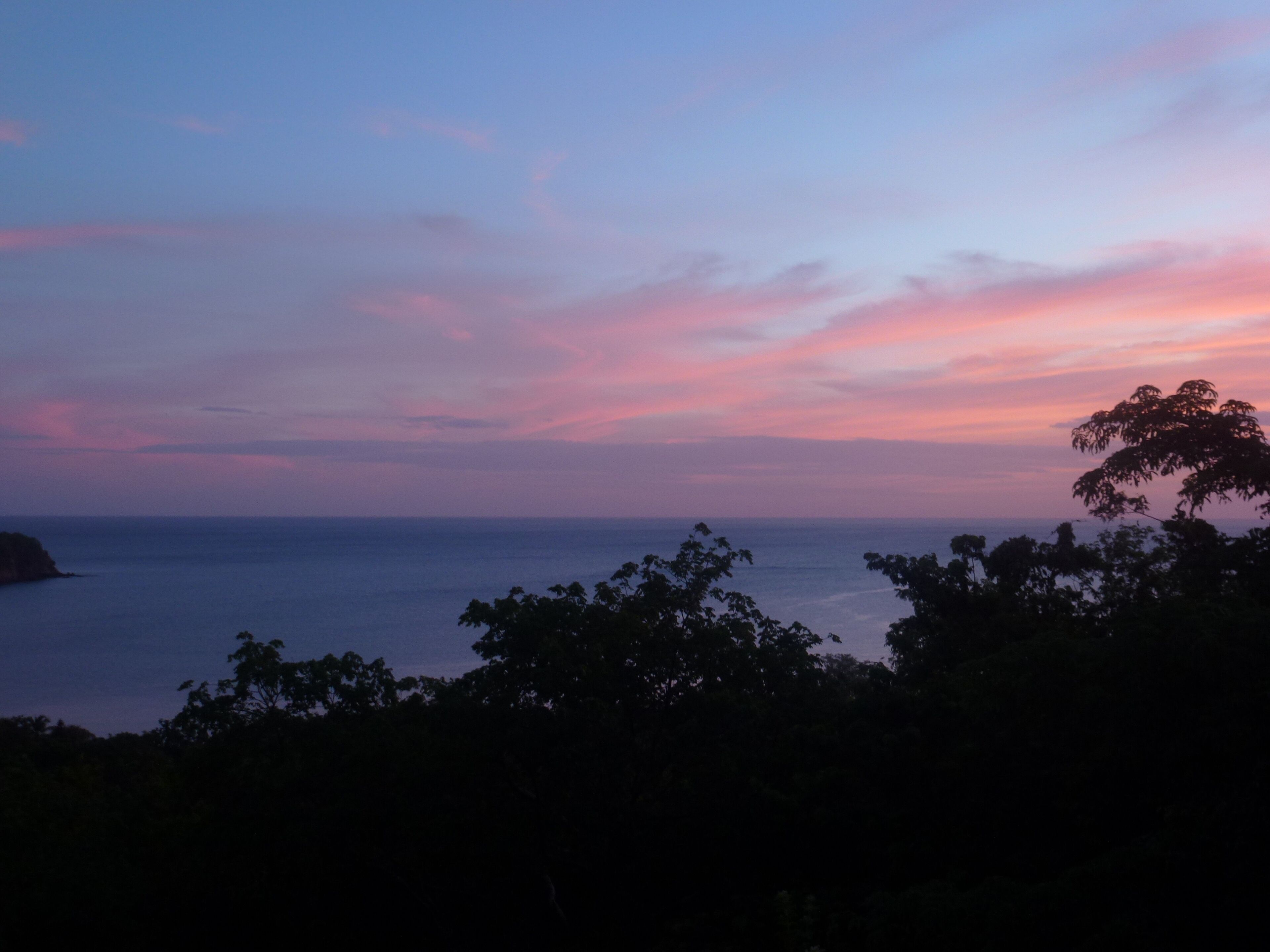 A coastal landscape with a view of the sea and a distant landmass, framed by trees.