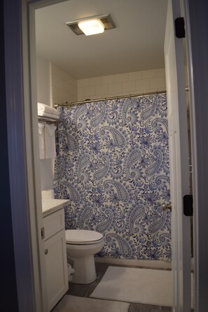 Combined shower/tub, hair dryer, towels, shampoo - Yosemite, Family-friendly Escape with many amenities inside, outside and nearby (Groveland)
