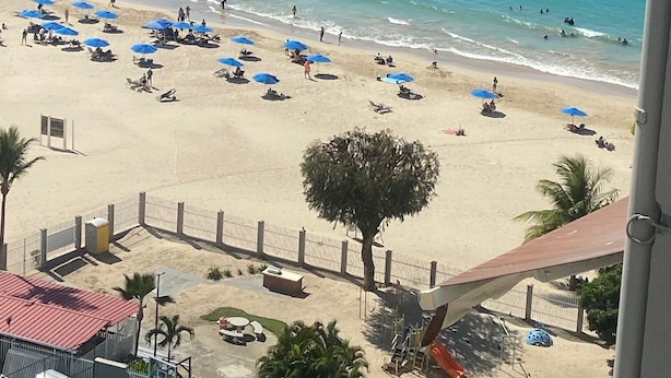 Ein Strand mit Sonnenschirmen und Personen.