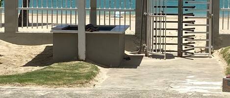 A gated beach area with a concrete walkway, a covered seating area, and a view of the ocean.