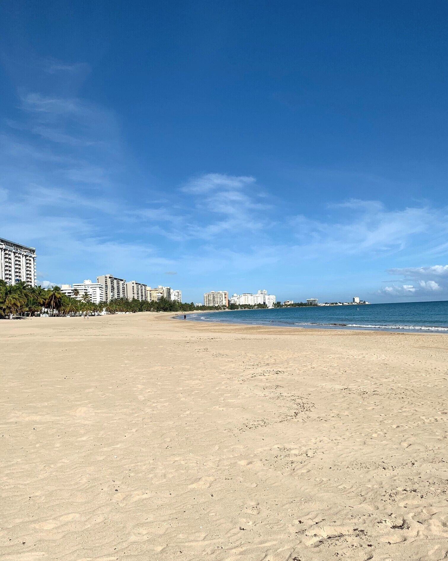 Een breed zandstrand met een helderblauwe lucht. Achtergrond met verschillende wolkenkrabbers en een verre horizon van de oceaan.