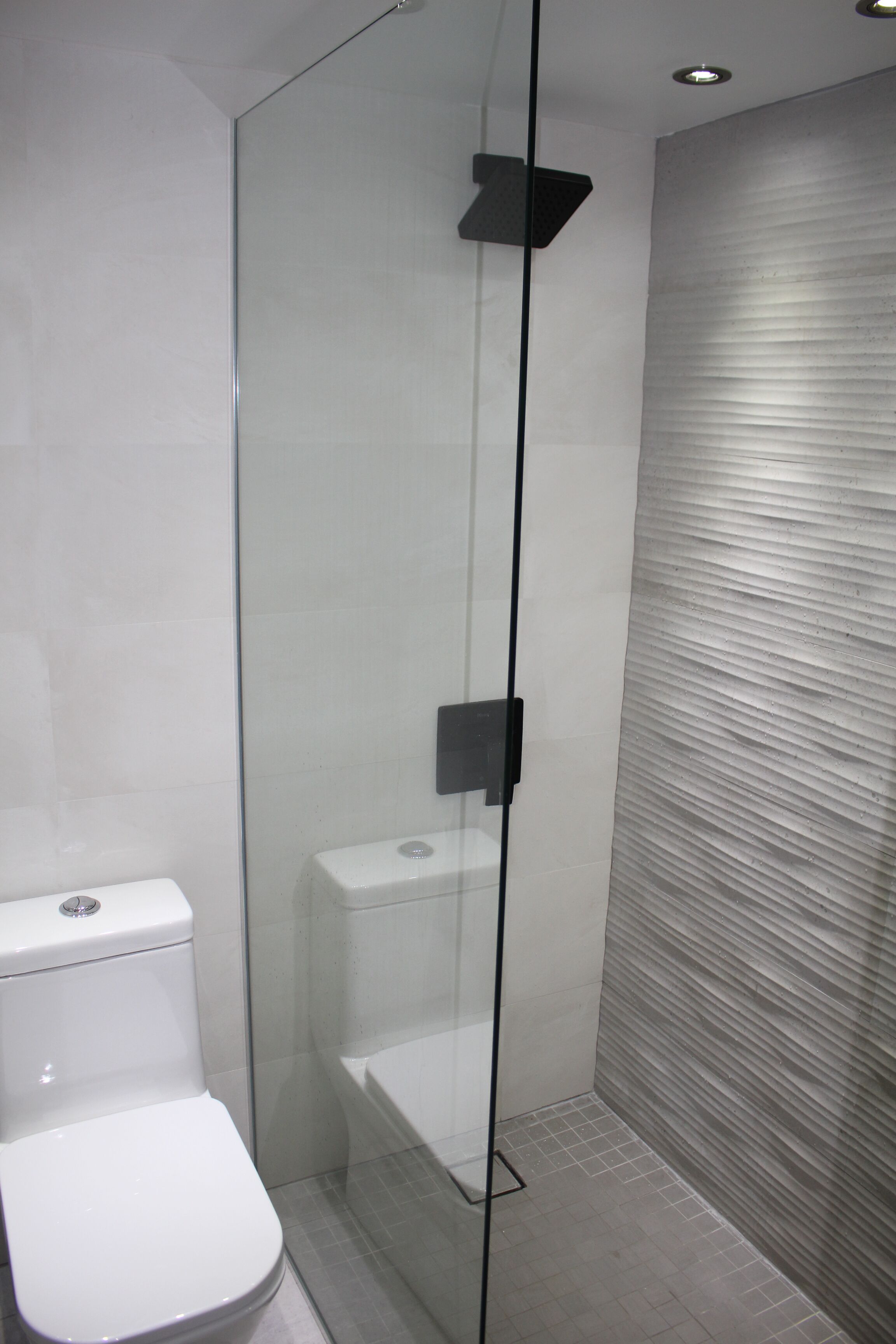 A modern bathroom with a glass-enclosed shower, a toilet, and a textured wall.