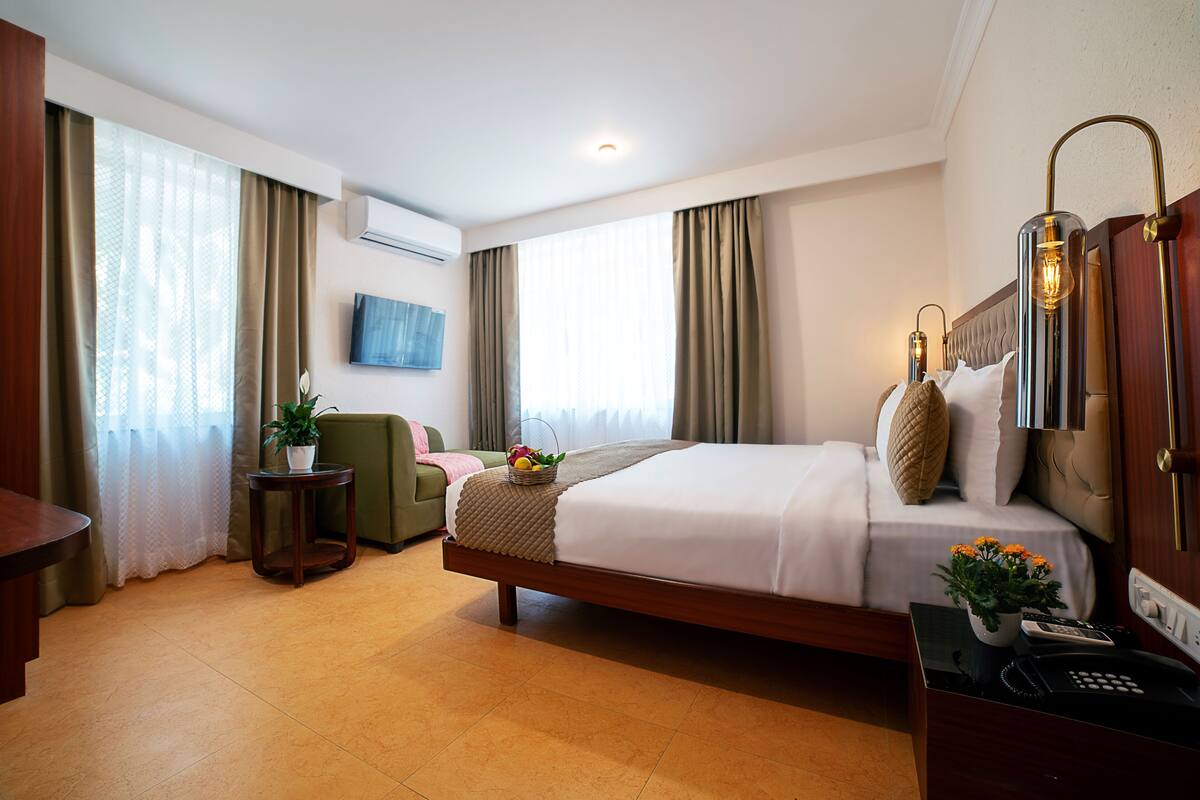 Een hotelkamer met een bed, een bureau, een stoel, een televisie en een plant.