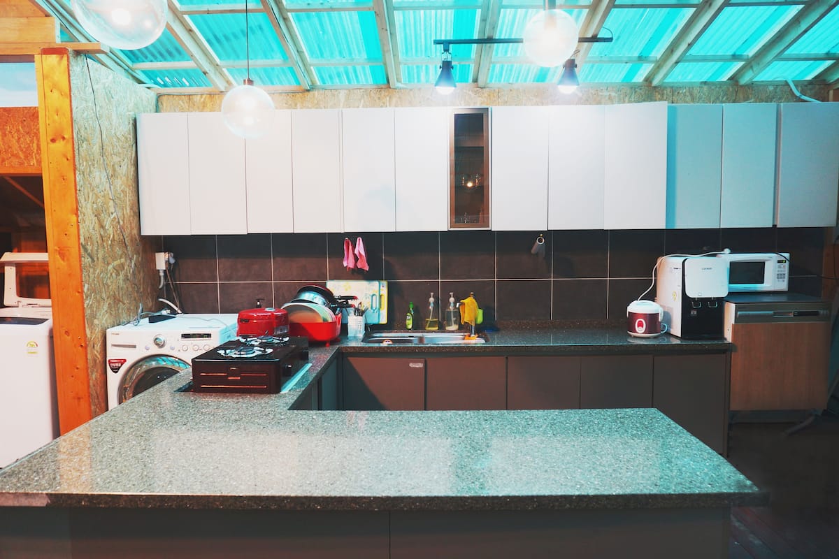 fridge, microwave, electric kettle