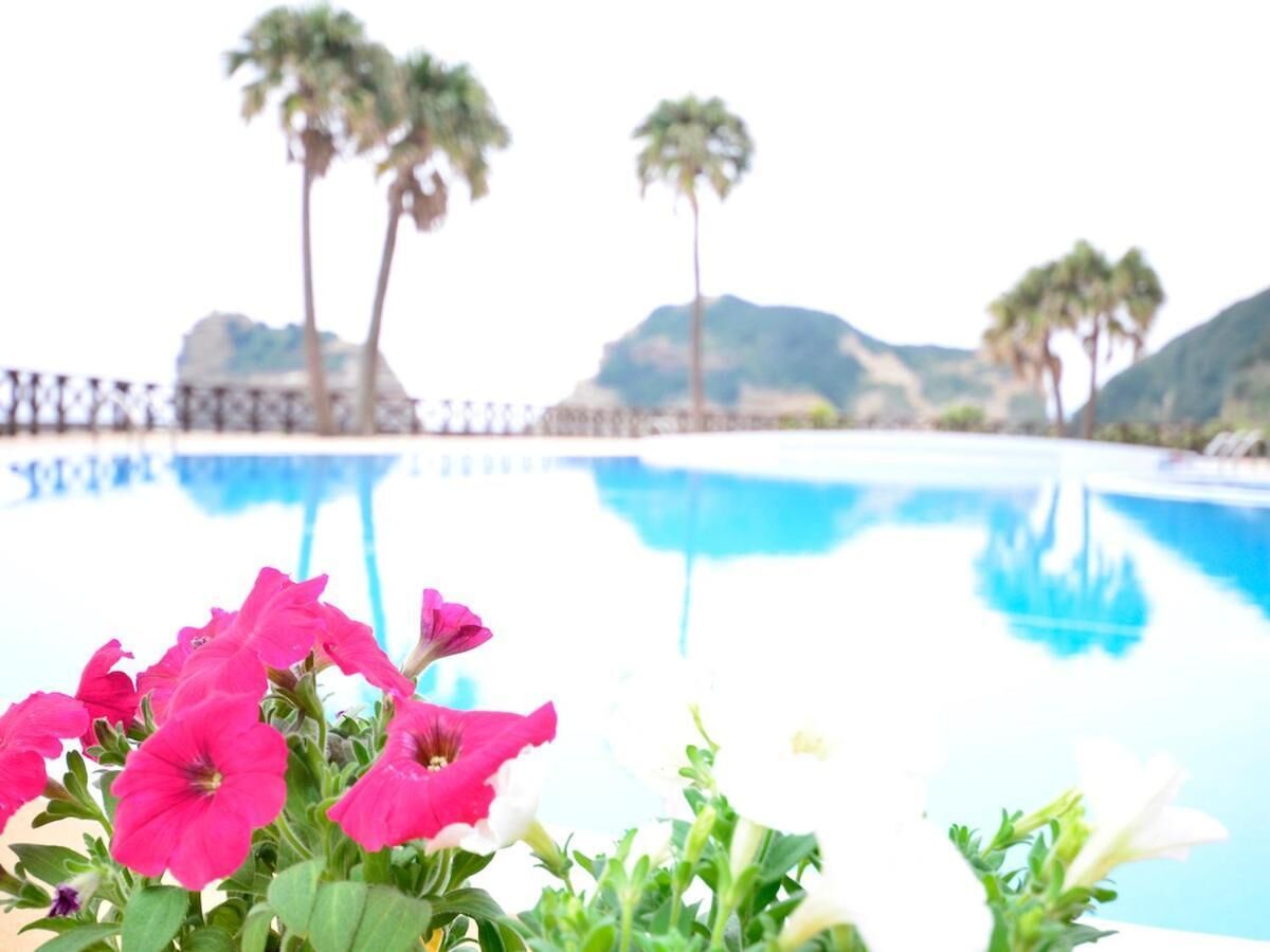 A swimming pool with pink flowers in the foreground and palm trees in the background.