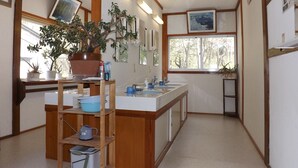 Eine Küche mit Holzböden, einem Spülbecken und Topfpflanzen.