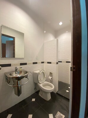 Un bagno con lavandino, servizi igienici e specchio.