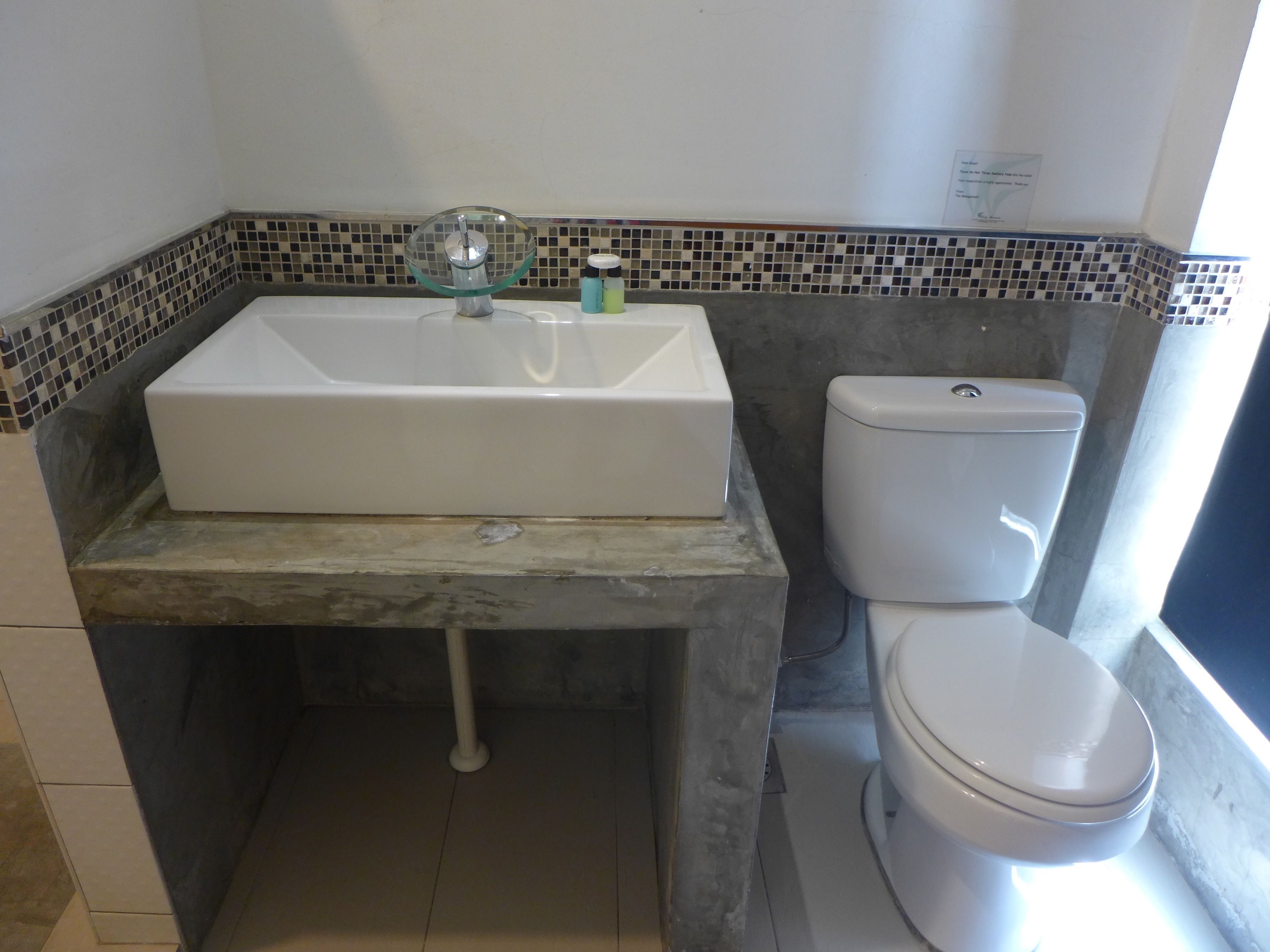 A bathroom with a white sink, a glass bowl, and a toilet.