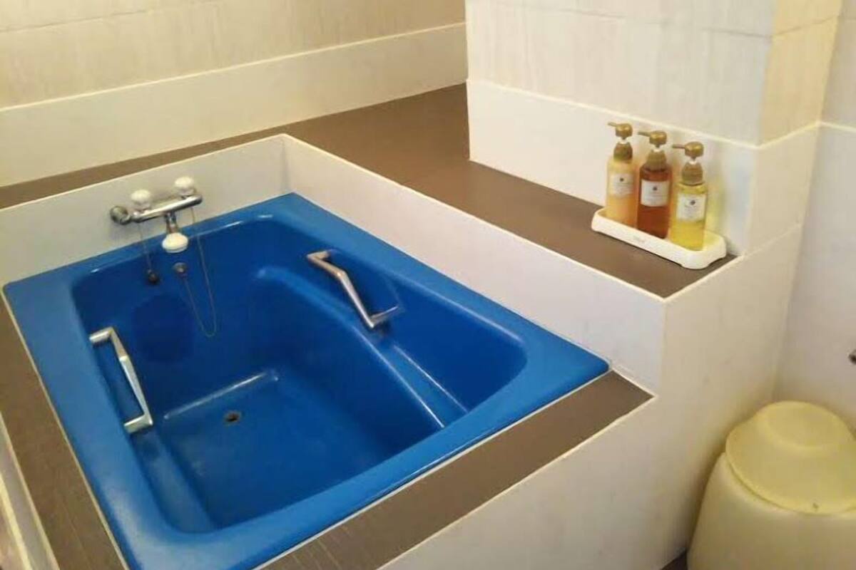 economy double room | bathroom | separate bathtub and shower, free toiletries, hair dryer, slippers