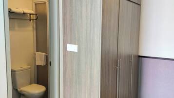 A bathroom with a toilet, a shower, and a wardrobe with a light wood finish.