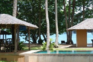 Outdoor pool, pool umbrellas, pool loungers