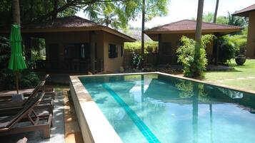 Outdoor pool, pool umbrellas, pool loungers