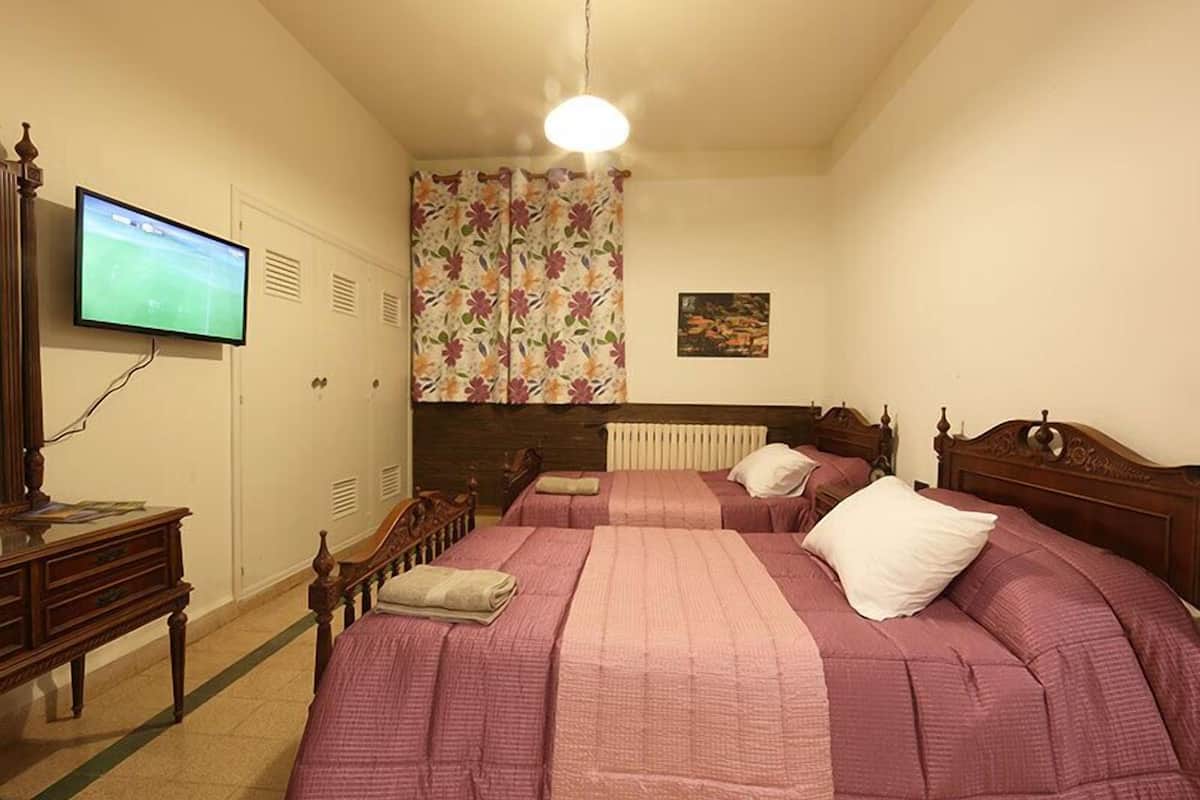 Un dormitorio con dos camas, televisión, cómoda y radiador.