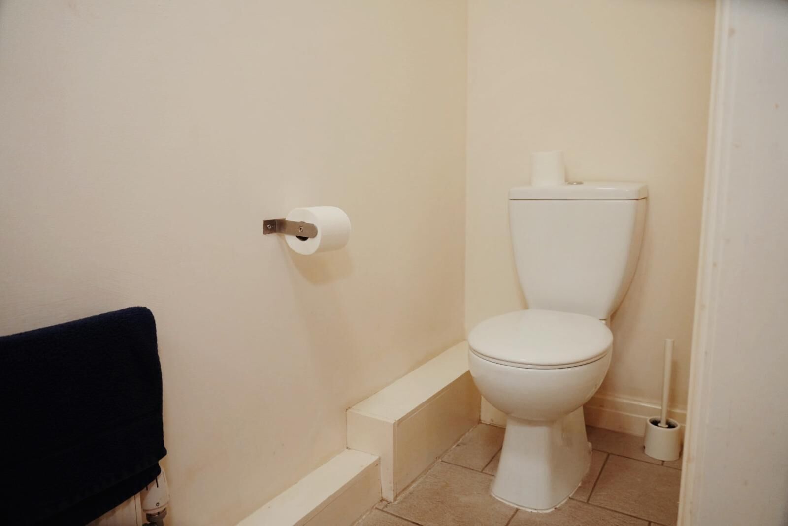 A small, clean bathroom with a white toilet, a toilet paper holder, and a small step leading to the toilet.