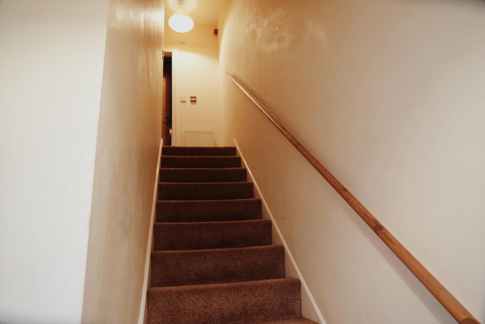 A narrow, carpeted staircase with wooden handrails, leading to a door at the top.