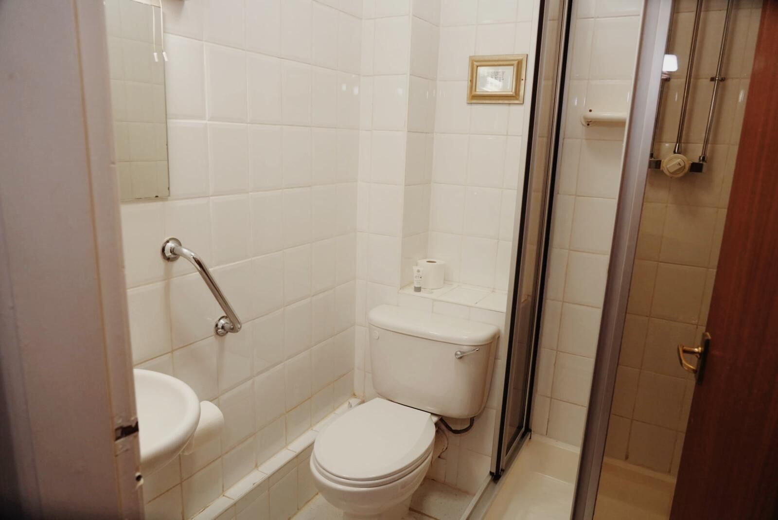 A small, clean bathroom with a toilet, a sink, and a shower area.