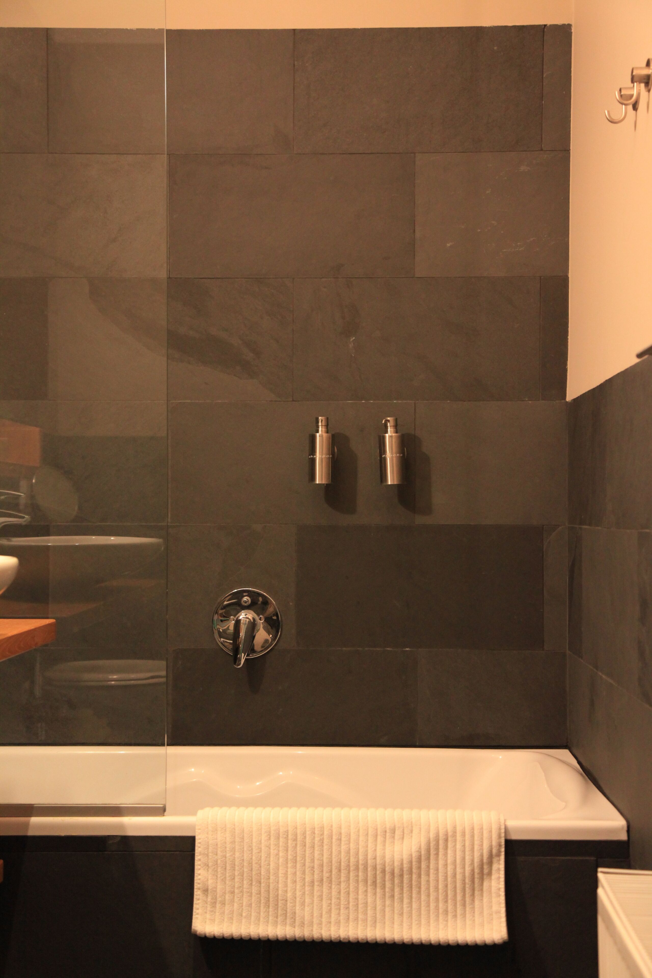 Combined shower/tub, free toiletries, hair dryer, towels