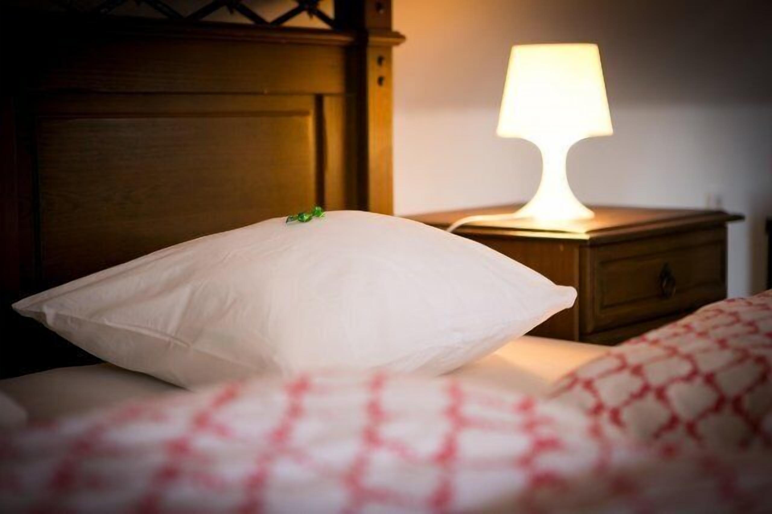 En seng med en hvid pude og et natbord med en lampe.