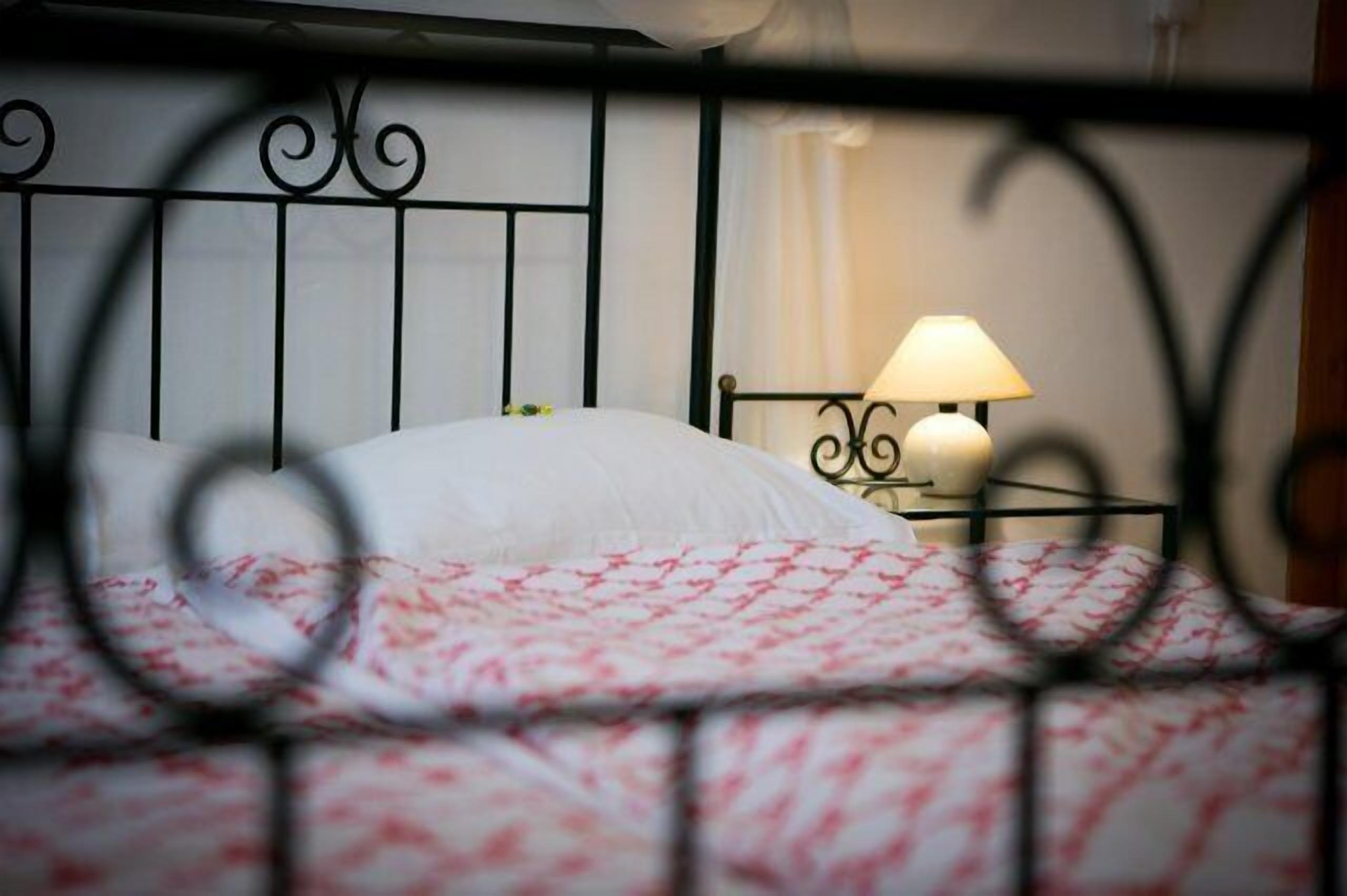 A bed with a white pillow and a patterned blanket, a bedside lamp, and a metal headboard.