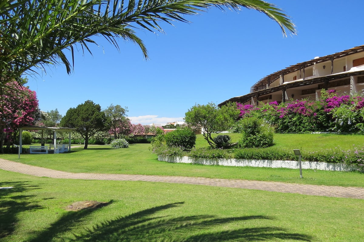 Ein gepflegter Garten mit einem gepflasterten Weg, einer Pergola und einem Gebäude mit Balkonen.