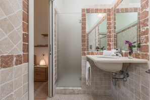 A bathroom with a sink, mirror, and shower area. - Capo Ceraso Family Residence (Olbia)