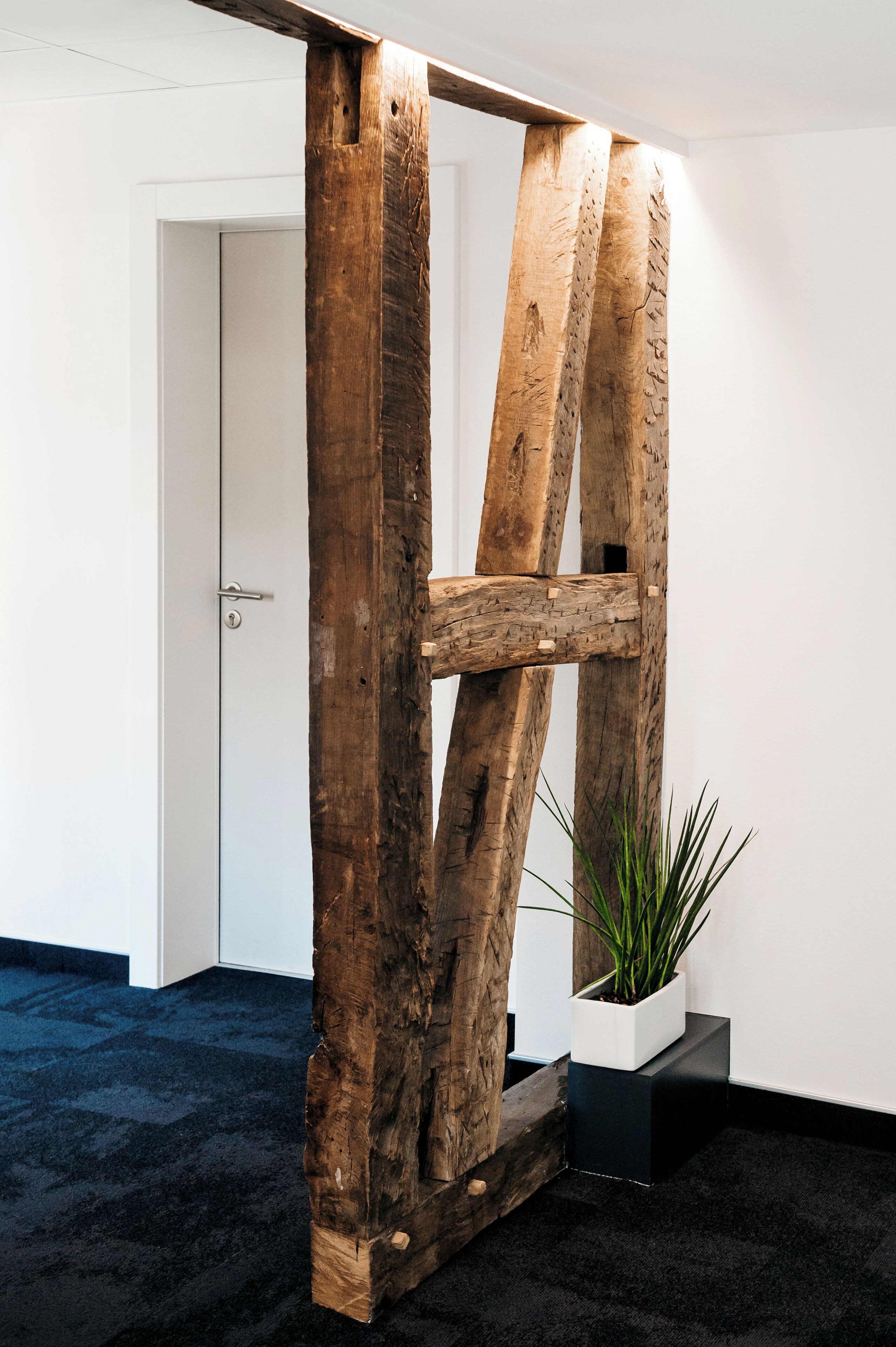Una instalación artística de madera en un espacio de oficina, con una puerta y una planta en maceta.