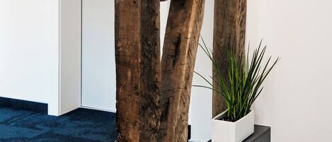 Una instalación artística de madera en un espacio de oficina, con una puerta y una planta en maceta.