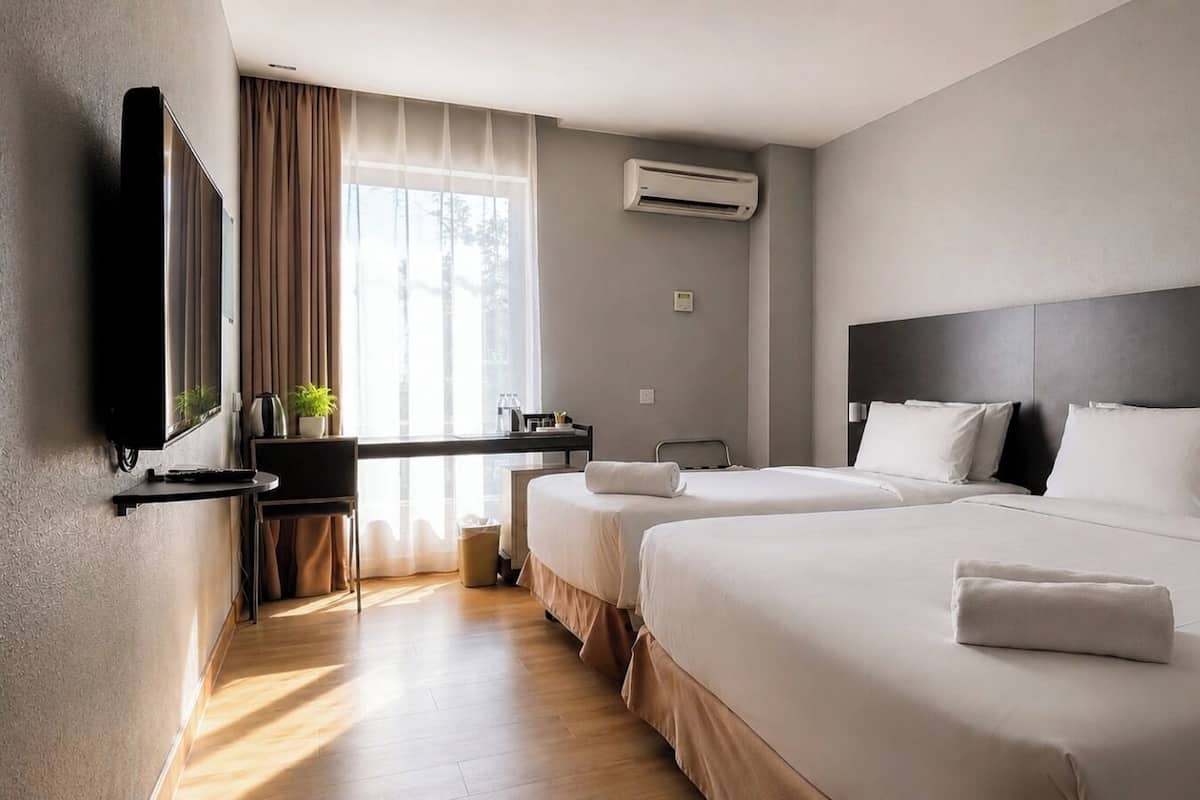 Una habitación de hotel con dos camas, un escritorio, un televisor y aire acondicionado.