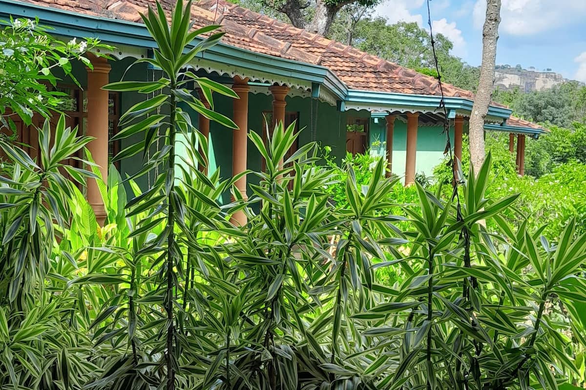 Um edifício com telhado ladrilhado e colunas verdes, rodeado por vegetação exuberante.