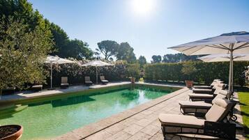 Seasonal outdoor pool, sun loungers