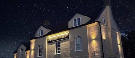 Um edifício com uma placa que diz "SIPINGFIELD ARMS" sob um céu estrelado.
