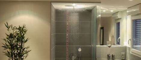 Un baño moderno con ducha, lavabo y espejo.