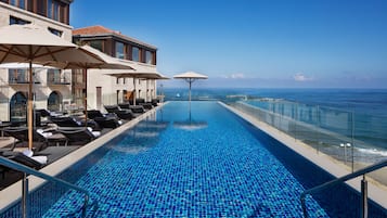 Seasonal outdoor pool, pool umbrellas, pool loungers