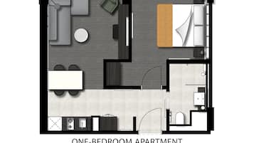 A one-bedroom apartment layout with a living room, dining area, kitchen, bathroom, and a small balcony.