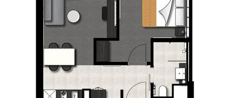 A one-bedroom apartment layout with a living room, dining area, kitchen, bathroom, and a small balcony.
