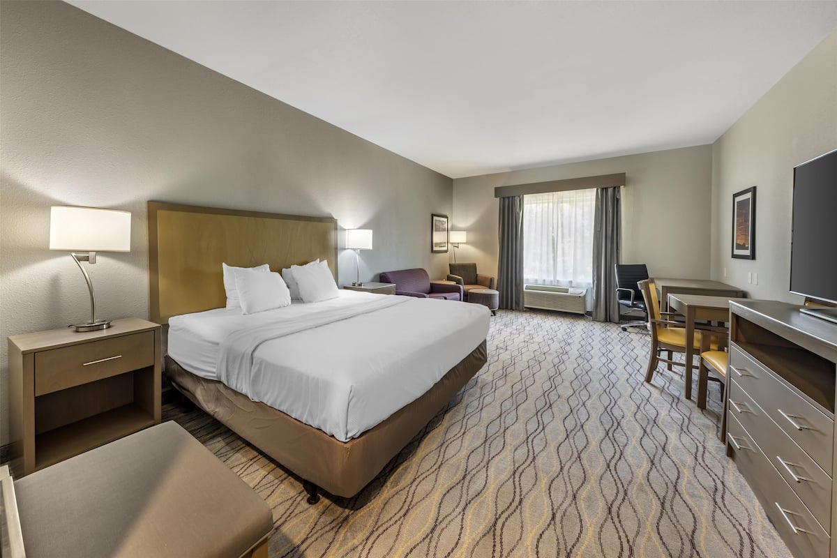 A hotel room with a large bed, a desk, a chair, a TV, and a window with curtains.