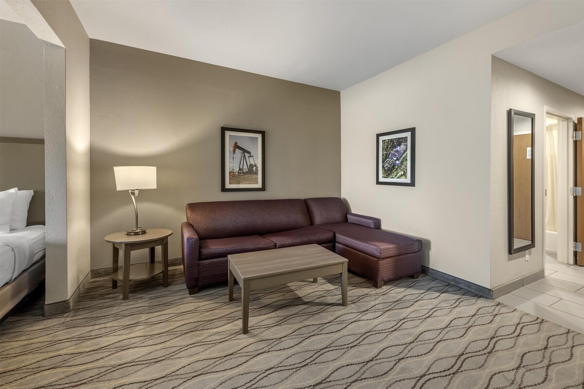 Quarto de hotel com uma cama, um sofá, uma mesa de centro, um abajur e duas molduras na parede.