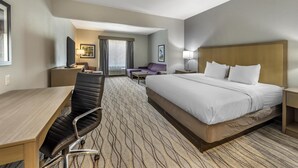 Une chambre d’hôtel avec un grand lit, un bureau avec une chaise, un canapé et une télévision.
