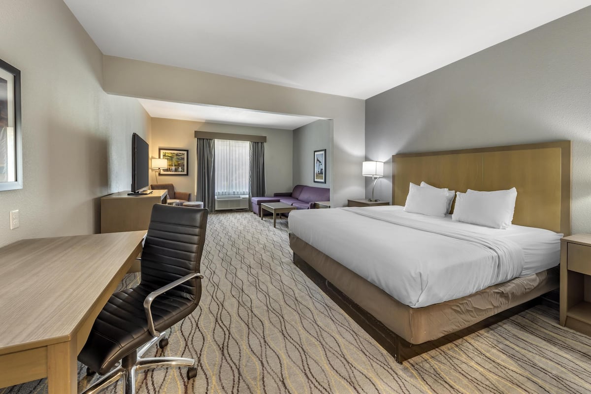 A hotel room with a large bed, a desk with a chair, a sofa, and a television.