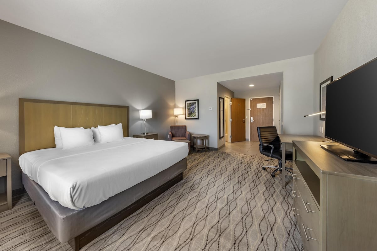 A hotel room with a large bed, a desk with a computer, a TV, and a chair.